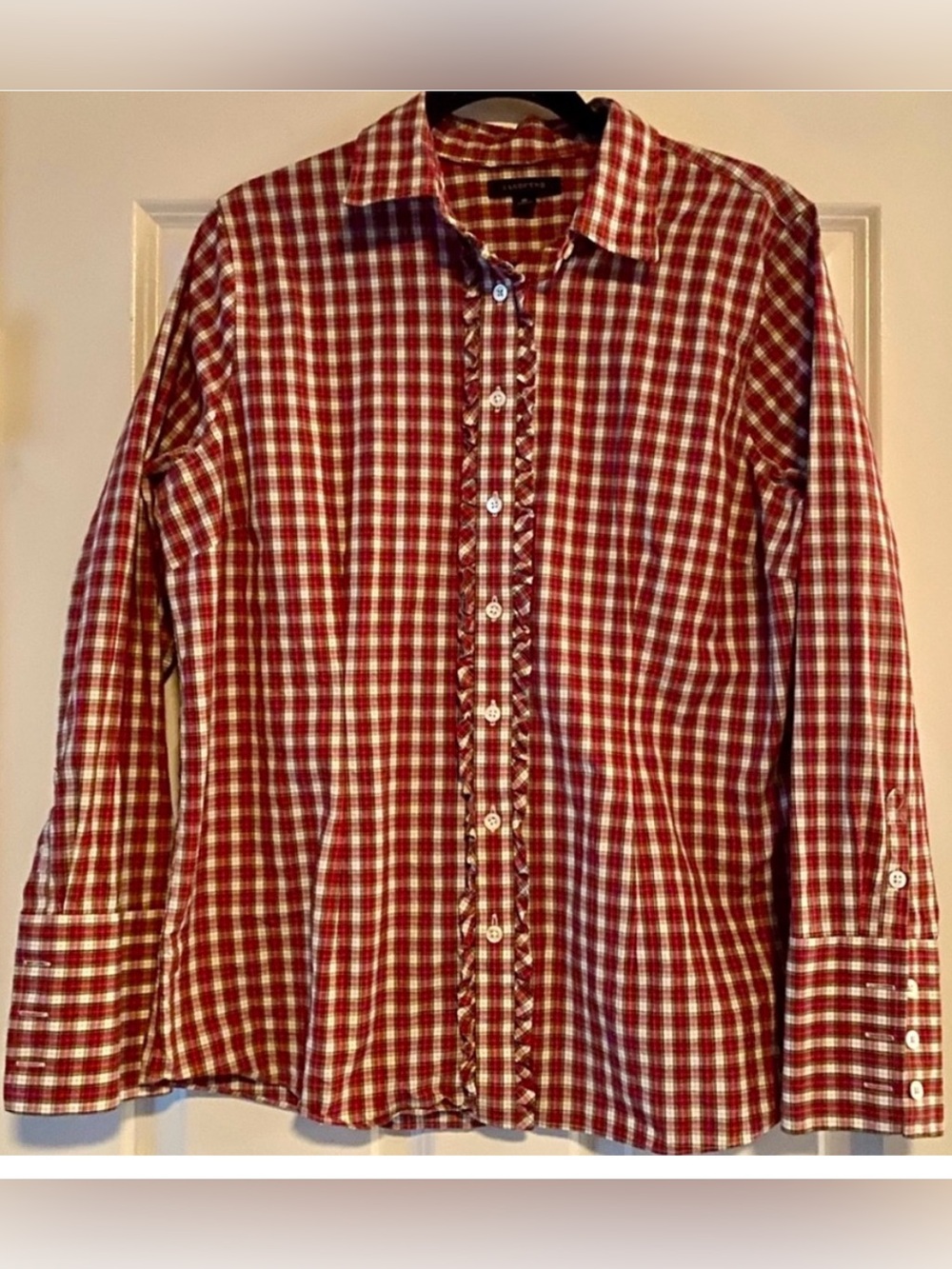 Lands’ End Christmas Plaid Button Up with Ruffles, size 16